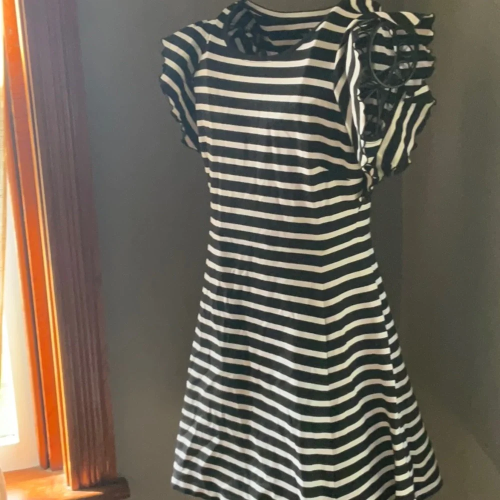 kate spade Black & White Striped Flutter-Sleeve Dress